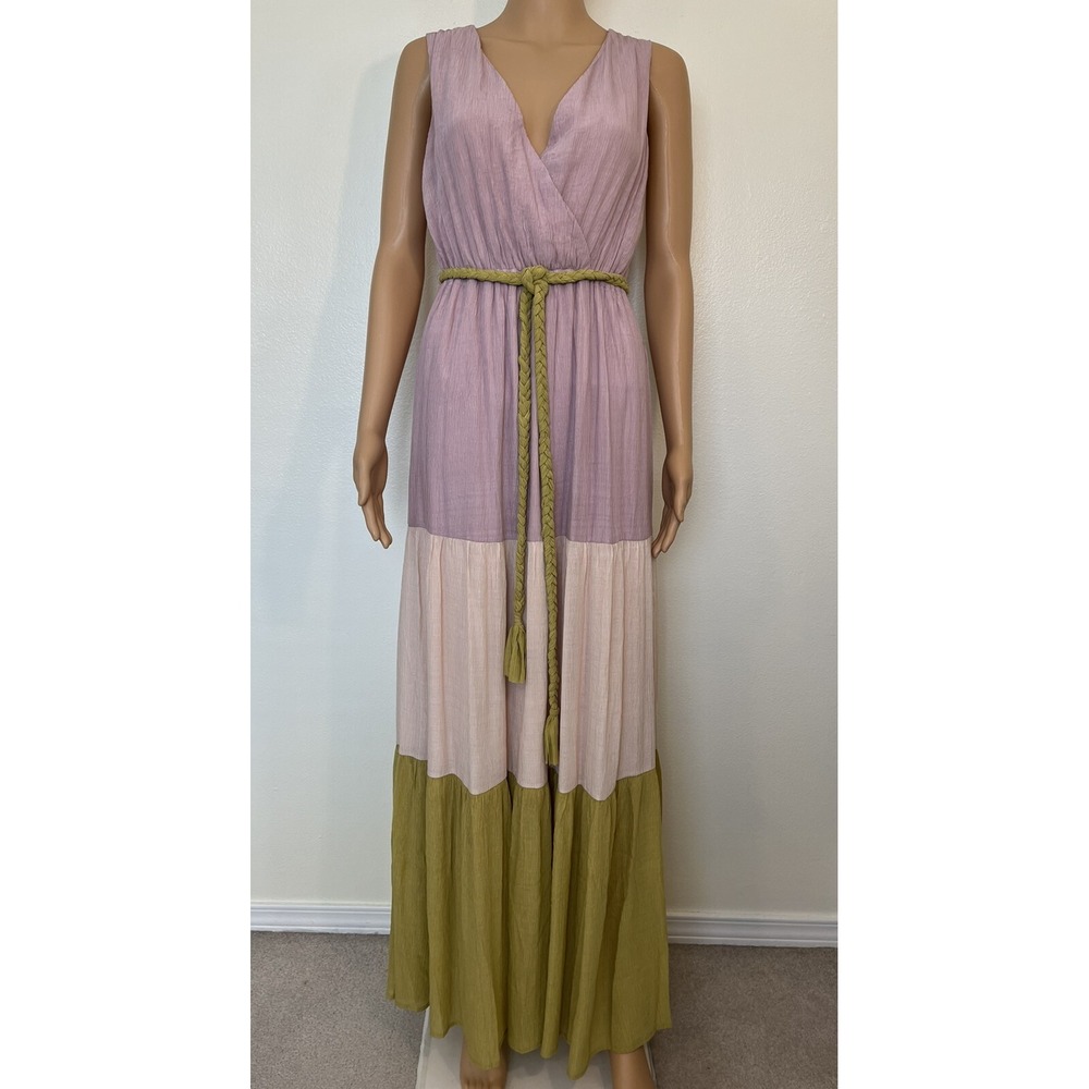 Flying Tomato Maxi Dress Womens Size S Colorblock Boho Sleeveless Belted Gauzy